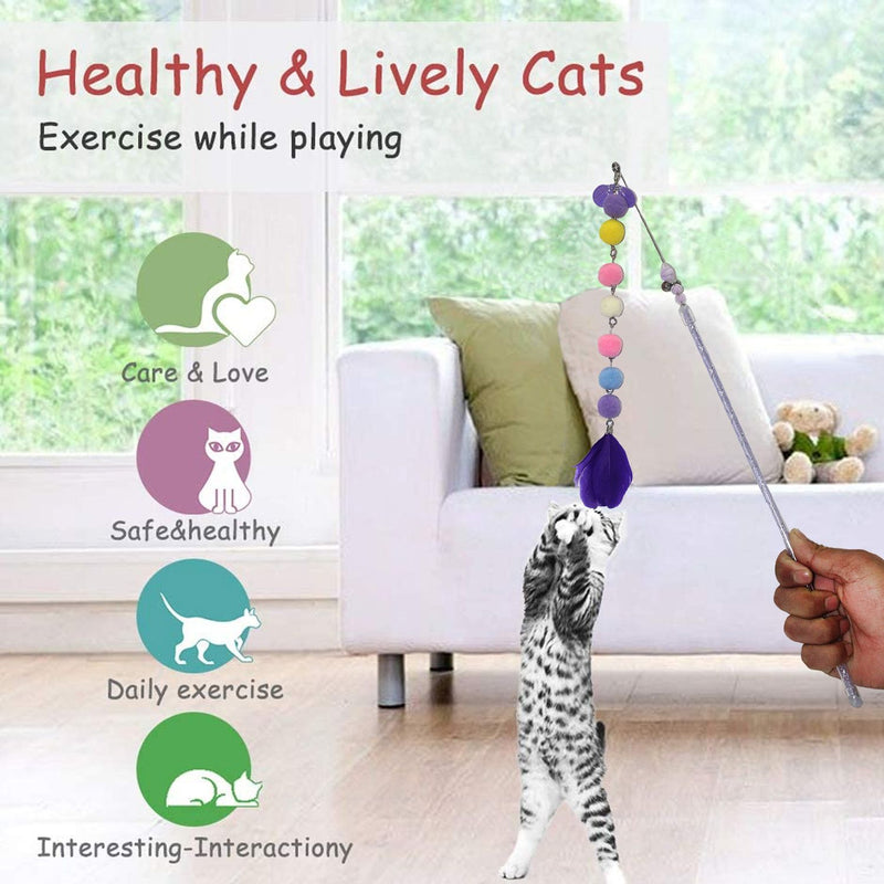 Emily Pets Cat Wand Toy with Bell,Cat Tassel Puff Toys(Pink,Green,Purple)