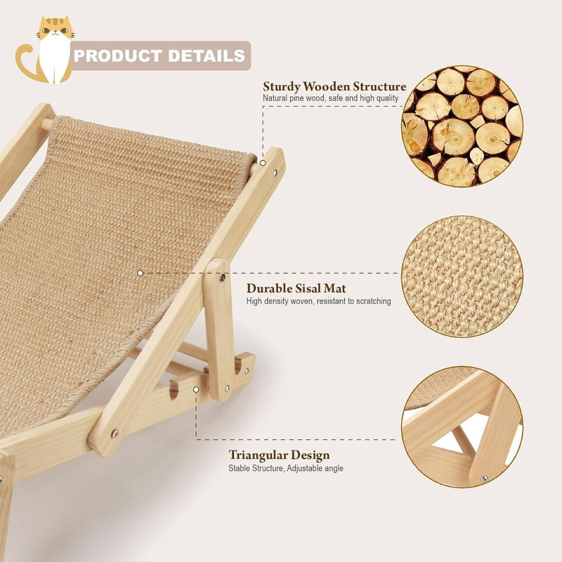 Adjustable Wooden Cat Lounge Chair with Sisal Mat – 3 Height Levels For Indoor/Outdoor
