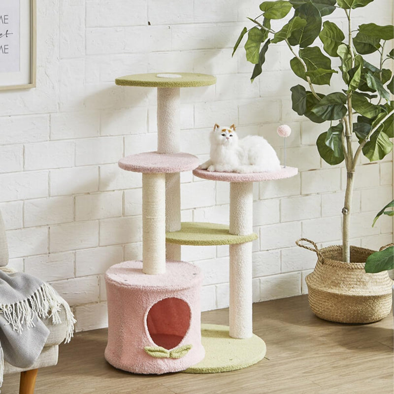 Multi-Level Cat Tree Scratcher with Soft Plush Pads for Small to Medium Cats (Pink & Green)