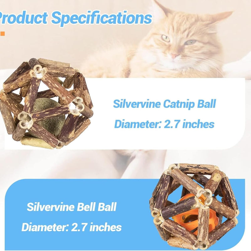 2 Pcs Natural Silvervine Stick & Bell Ball Toys for Indoor Kitten