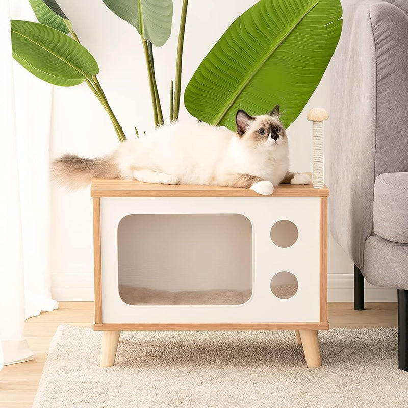 Wooden Cat Bed House and Scratching Post