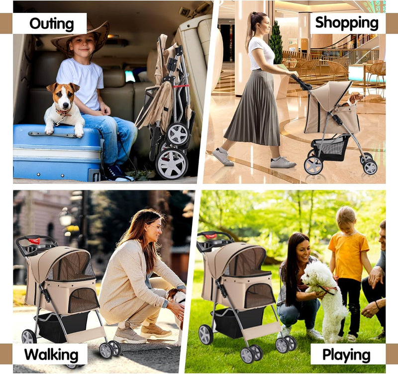 Cup Holder Portable Travel Stroller for Dogs, Cats & Small Animals (Khaki)