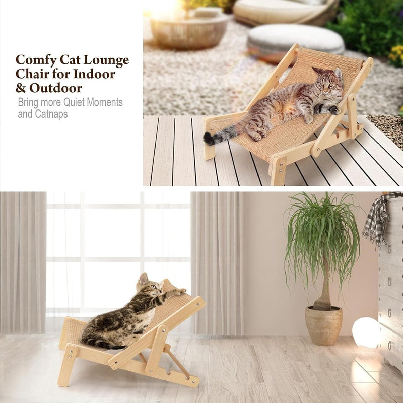 Adjustable Wooden Cat Lounge Chair with Sisal Mat – 3 Height Levels For Indoor/Outdoor