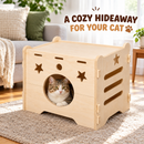 Wooden Cat House, Natural Wood Pet Shelter with Round Entrance, Star Cutouts and Ventilation Slots, Enclosed Cat Sleeping Hideaway