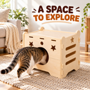 Wooden Cat House, Natural Wood Pet Shelter with Round Entrance, Star Cutouts and Ventilation Slots, Enclosed Cat Sleeping Hideaway