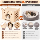 Wooden Cat House, Natural Wood Pet Shelter with Round Entrance, Star Cutouts and Ventilation Slots, Enclosed Cat Sleeping Hideaway