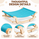 Wooden Cat Hammock Bed with Turquoise Fabric, Curved Rocking Frame
