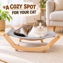 Wooden Cat Hammock Bed with Grey Fabric, Natural Wood Frame, Elevated Cat Lounger,