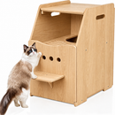 Wooden Cat Litter Box Enclosure Furniture, Enclosed Cat Toilet Cabinet with Scoop Storage, Easy Access Holes & Top Entry Design, Natural Wood Pet Furniture for Indoor Cats