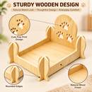 Cat Bed, Natural Pine Wood Pet Sleeping Cot Paw Print Backrest
