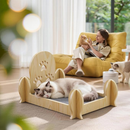 Cat Bed, Natural Pine Wood Pet Sleeping Cot Paw Print Backrest