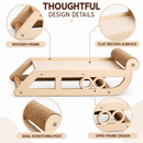 Wooden Cat Scratcher Lounge Bed, Natural Wood Pet Lounger with Sisal Scratching Roller