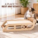 Wooden Cat Scratcher Lounge Bed, Natural Wood Pet Lounger with Sisal Scratching Roller