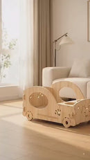 Wooden Cat Bed House, Natural Wood Pet Sleeping Den with Round Entry