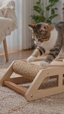 Wooden Cat Scratcher Lounge Bed, Natural Wood Pet Lounger with Sisal Scratching Roller