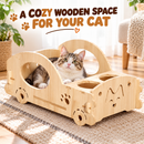 Wooden Cat Bed House, Natural Wood Pet Sleeping Den with Round Entry