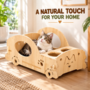 Wooden Cat Bed House, Natural Wood Pet Sleeping Den with Round Entry