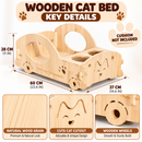 Wooden Cat Bed House, Natural Wood Pet Sleeping Den with Round Entry