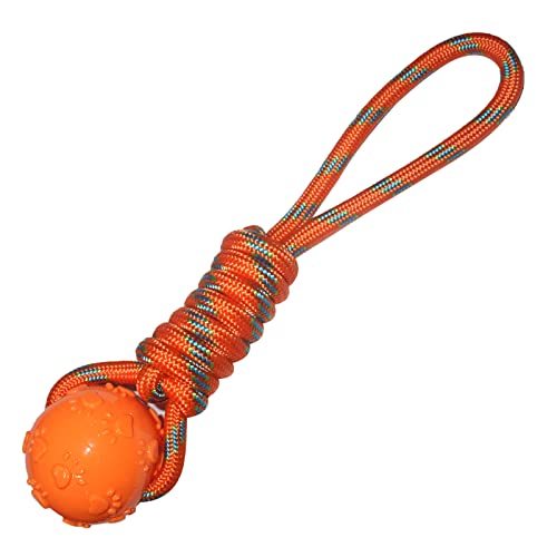 Emily Pets Dog TPR Rubber Paw Print Ball with Nylon Knot Rope Toy for Puppy and Small Breed(Orange,Blue,Red)