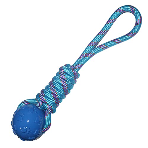 Emily Pets Dog TPR Rubber Paw Print Ball with Nylon Knot Rope Toy for Puppy and Small Breed(Orange,Blue,Red)
