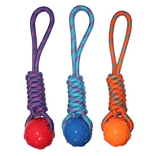 Emily Pets Dog TPR Rubber Paw Print Ball with Nylon Knot Rope Toy for Puppy and Small Breed(Orange,Blue,Red)