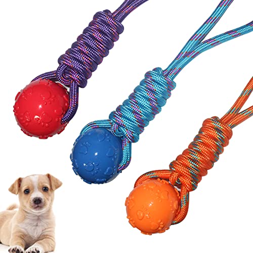Emily Pets Dog TPR Rubber Paw Print Ball with Nylon Knot Rope Toy for Puppy and Small Breed(Orange,Blue,Red)