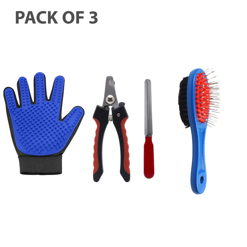 Grooming Kit Pet Nail Clipper Pet Comb Double Sided Pet Grooming Glove (Pack of 3)