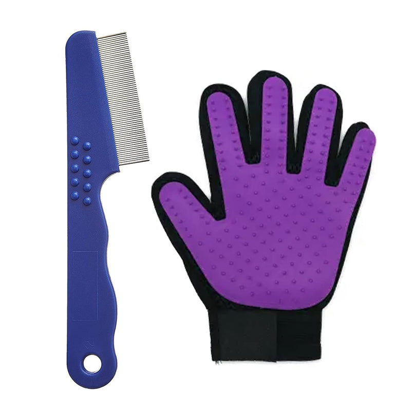 Stainless Steel Pin Flea For Dog & Cat Grooming Comb With Glove-Blue-6.1 Inch.
