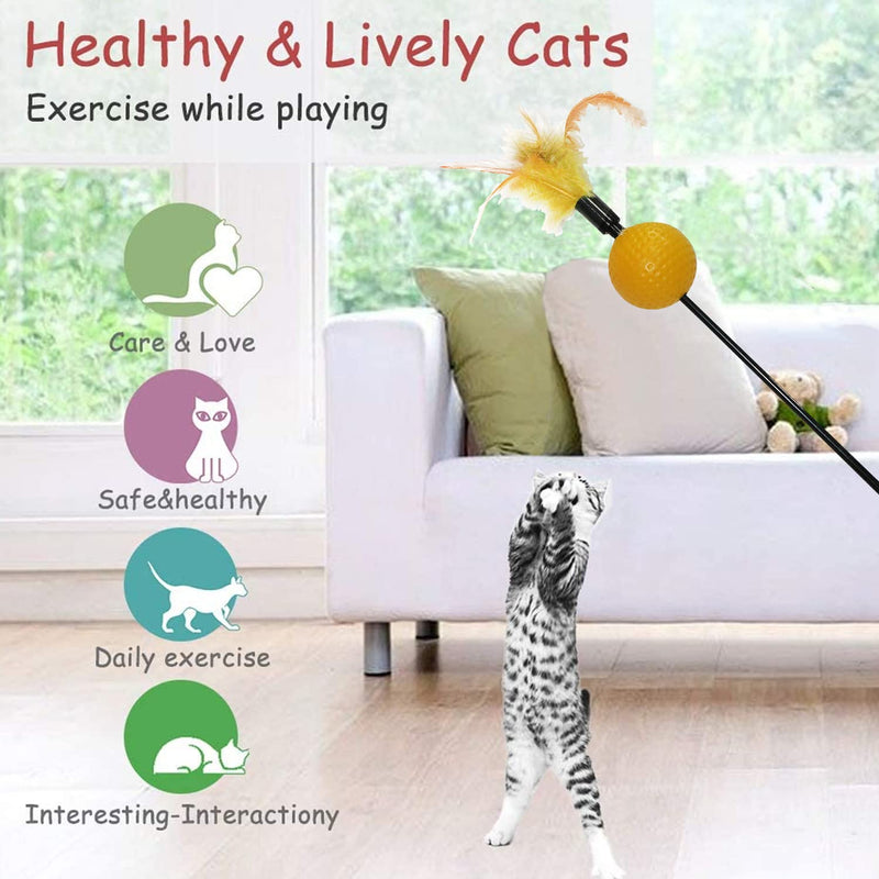 Emily Pets interactive Cat Feather Stick Toy Feathers Teaser with Bell(Yellow)
