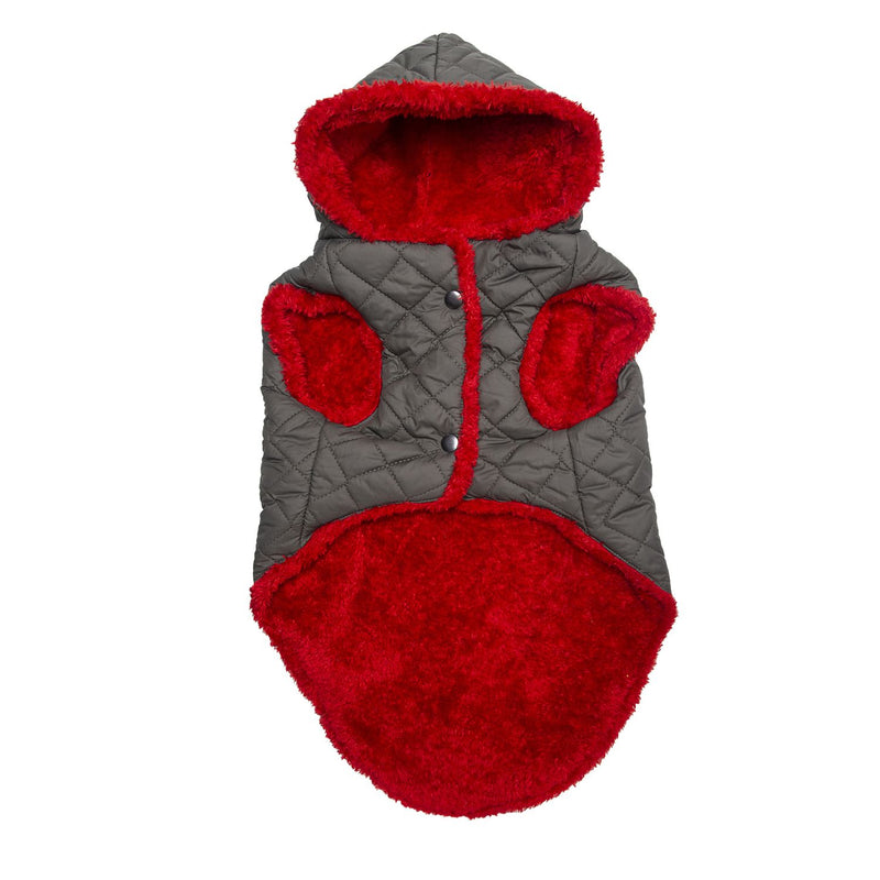 Lulala Fur Jacket with Hood(Grey-Red)