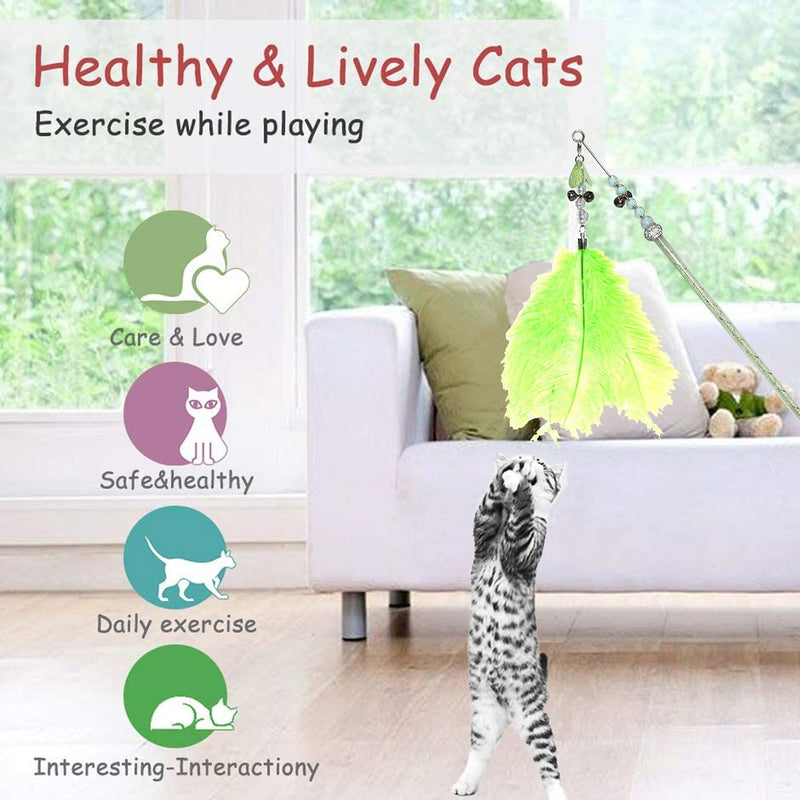 Emily Pets Cat Thread Feather Toys,Detachable Hook Cat Wand Toy(Green)